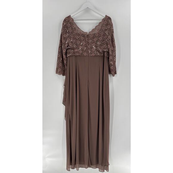 NWT Alex Evenings Dress Womens 18W Latte Brown Floral Sequin Lace Ruffles Ruched - Picture 8 of 16